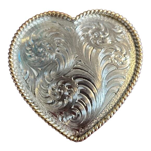 Montana Silversmiths Accessories - Montana Silversmiths Sterling Silver Plate Western Floral Heart Belt Buckle VTG